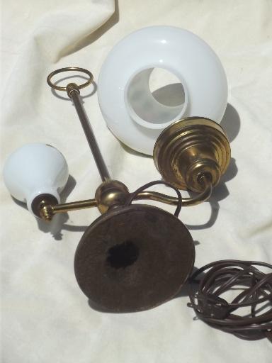 photo of vintage brass student lamp w/ painted milk glass shade shade & font #7