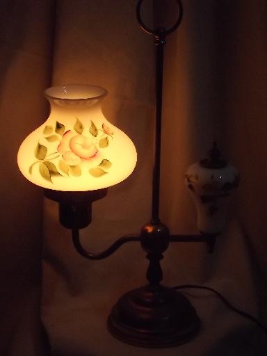 photo of vintage brass student lamp w/ painted milk glass shade shade & font #8