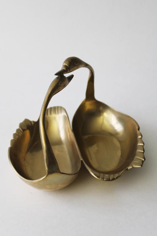 photo of vintage brass swans, pair of birds double sided dish catch all dresser tray #2