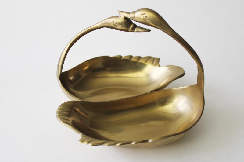 photo of vintage brass swans, pair of birds double sided dish catch all dresser tray #3