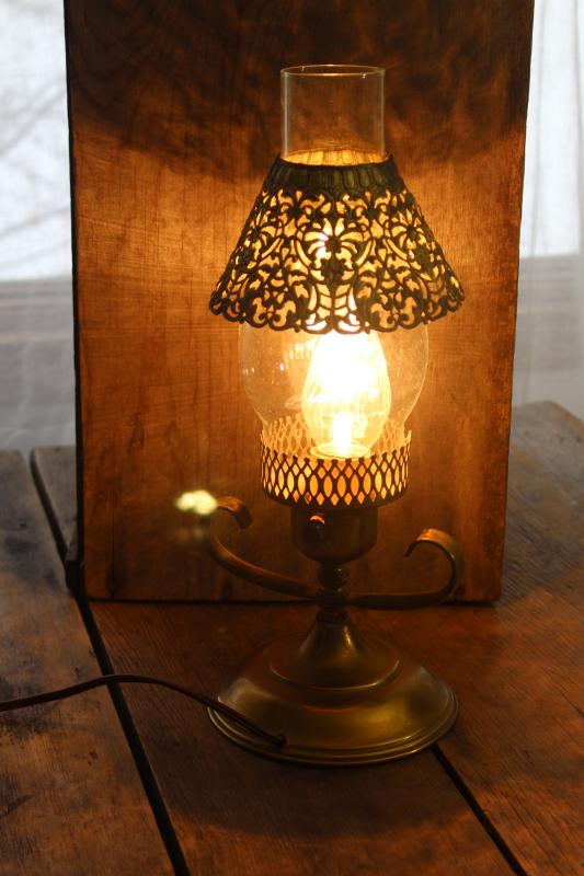 photo of vintage brass table lamp, glass hurricane w/ filigree metal shade, bohemian style #1