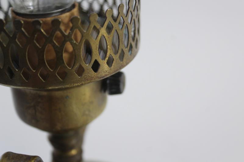 photo of vintage brass table lamp, glass hurricane w/ filigree metal shade, bohemian style #2