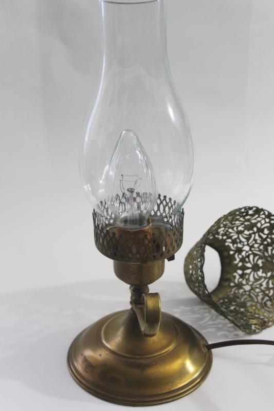 photo of vintage brass table lamp, glass hurricane w/ filigree metal shade, bohemian style #5