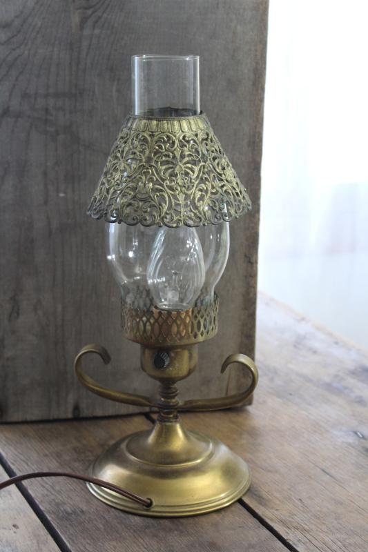 photo of vintage brass table lamp, glass hurricane w/ filigree metal shade, bohemian style #9
