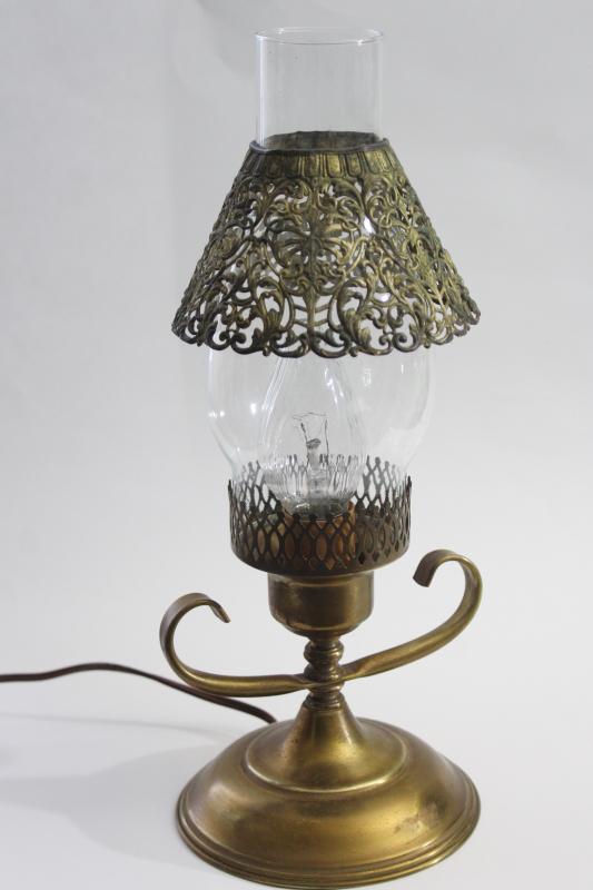 photo of vintage brass table lamp, glass hurricane w/ filigree metal shade, bohemian style #10