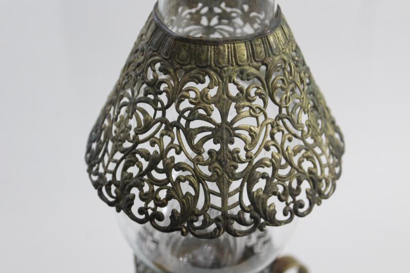 photo of vintage brass table lamp, glass hurricane w/ filigree metal shade, bohemian style #11