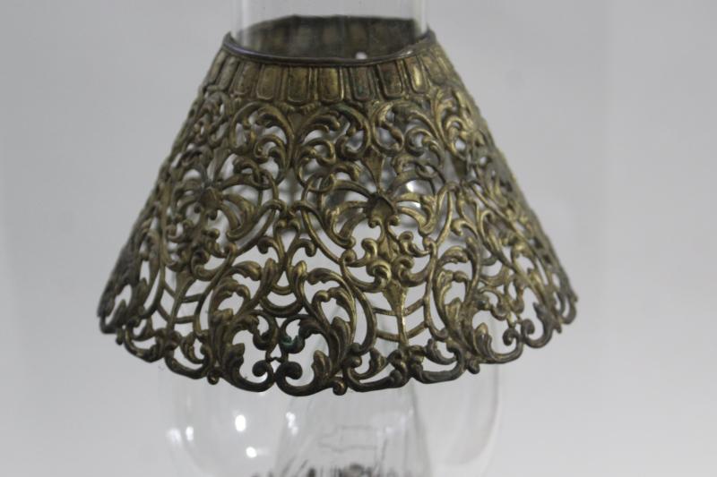 photo of vintage brass table lamp, glass hurricane w/ filigree metal shade, bohemian style #12