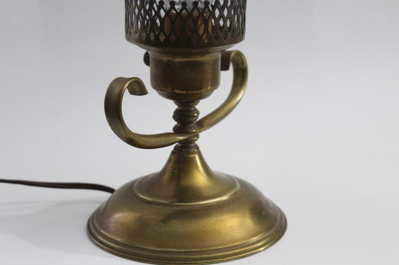 photo of vintage brass table lamp, glass hurricane w/ filigree metal shade, bohemian style #13