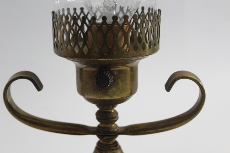 photo of vintage brass table lamp, glass hurricane w/ filigree metal shade, bohemian style #14