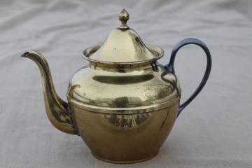 catalog photo of vintage brass teapot, old Farberware Brooklyn New York brass tea kettle pot