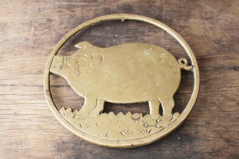 photo of vintage brass trivet w/ pig, primitive country farmhouse kitchen wall hanging #1