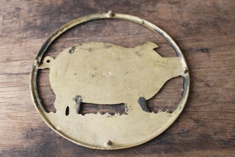 photo of vintage brass trivet w/ pig, primitive country farmhouse kitchen wall hanging #2