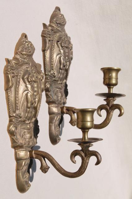 photo of vintage brass wall sconce pair, candle sconces w/ embossed figures of classical mythology #1