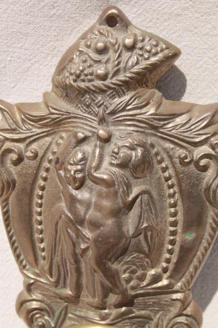 photo of vintage brass wall sconce pair, candle sconces w/ embossed figures of classical mythology #3