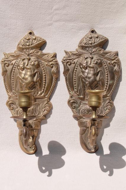 photo of vintage brass wall sconce pair, candle sconces w/ embossed figures of classical mythology #4