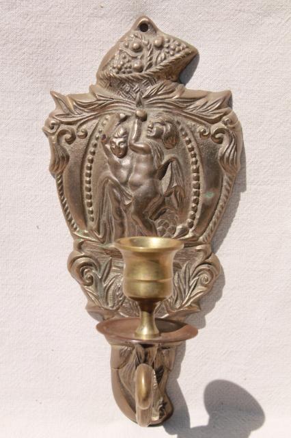 photo of vintage brass wall sconce pair, candle sconces w/ embossed figures of classical mythology #6