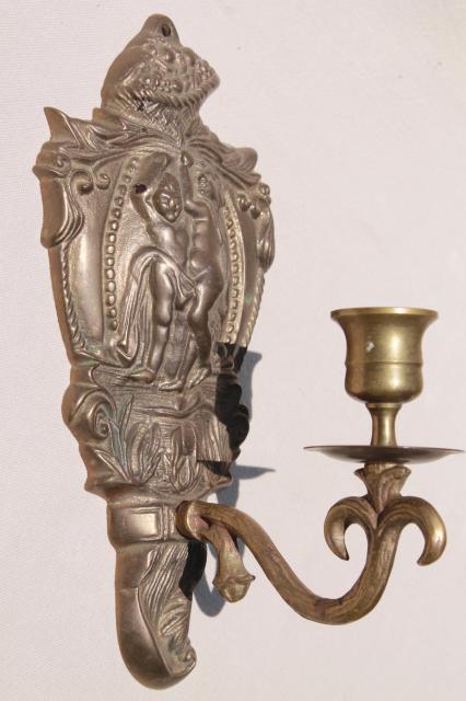 photo of vintage brass wall sconce pair, candle sconces w/ embossed figures of classical mythology #7