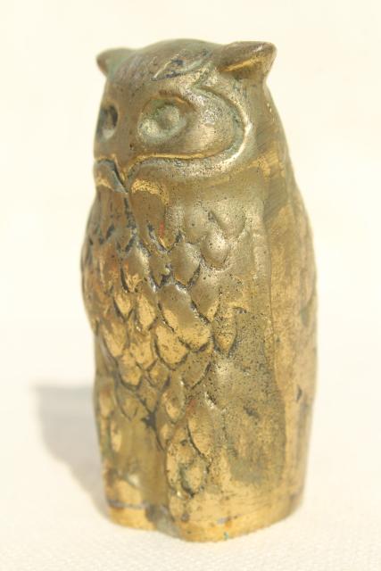 photo of vintage brass wise old owl paperweight, solid brass miniature animal figurine #1