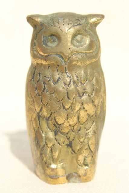 photo of vintage brass wise old owl paperweight, solid brass miniature animal figurine #2