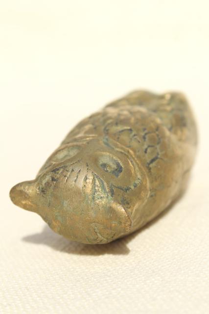 photo of vintage brass wise old owl paperweight, solid brass miniature animal figurine #7