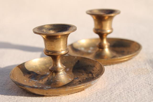 photo of vintage brassware, solid brass tray, collection of candle holders for small candles #2