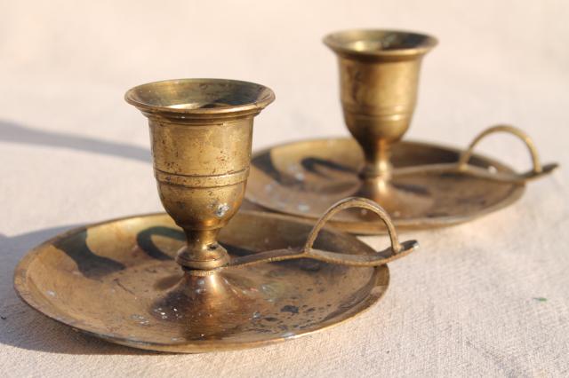 photo of vintage brassware, solid brass tray, collection of candle holders for small candles #4