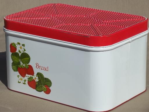 photo of vintage bread box tin, 70s 80s  Cheinco strawberry print w/ polka dots! #1