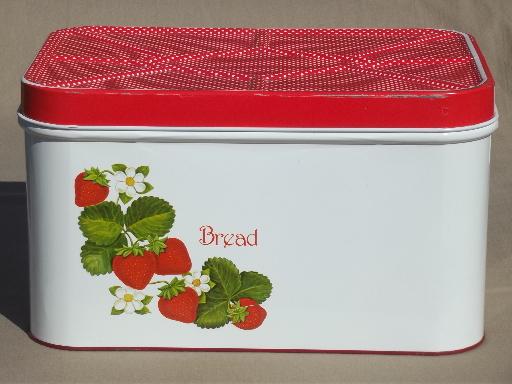 photo of vintage bread box tin, 70s 80s  Cheinco strawberry print w/ polka dots! #2