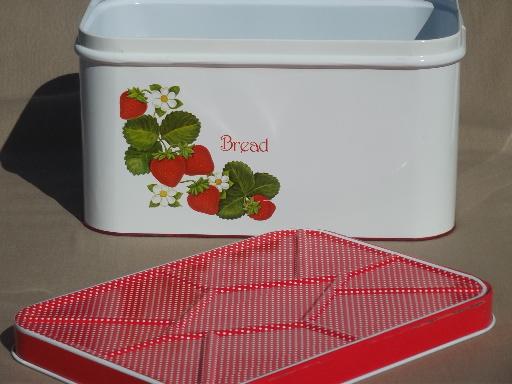 photo of vintage bread box tin, 70s 80s  Cheinco strawberry print w/ polka dots! #3