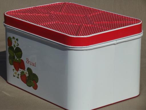 photo of vintage bread box tin, 70s 80s  Cheinco strawberry print w/ polka dots! #4