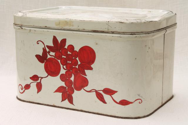 photo of vintage bread tin breadbox, shabby old white paint w/ red stencil painted fruit #1