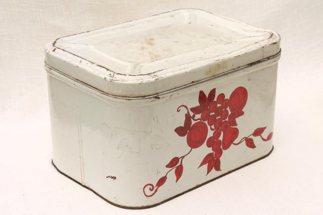 photo of vintage bread tin breadbox, shabby old white paint w/ red stencil painted fruit #2