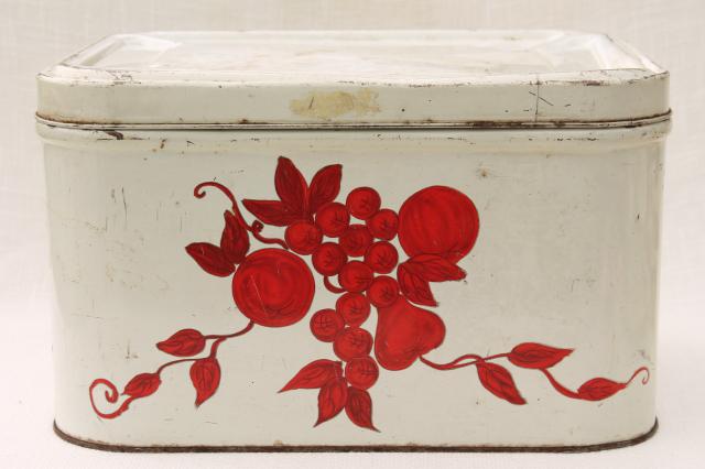 photo of vintage bread tin breadbox, shabby old white paint w/ red stencil painted fruit #3