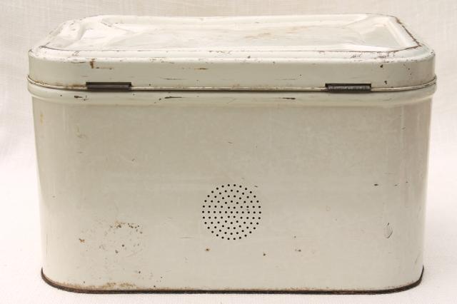 photo of vintage bread tin breadbox, shabby old white paint w/ red stencil painted fruit #5