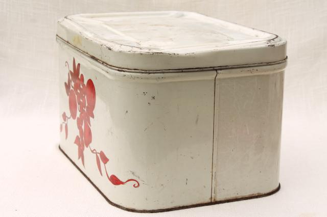 photo of vintage bread tin breadbox, shabby old white paint w/ red stencil painted fruit #6