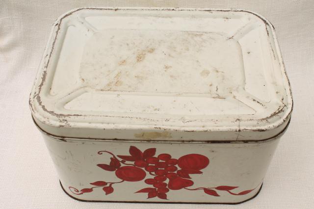 photo of vintage bread tin breadbox, shabby old white paint w/ red stencil painted fruit #8