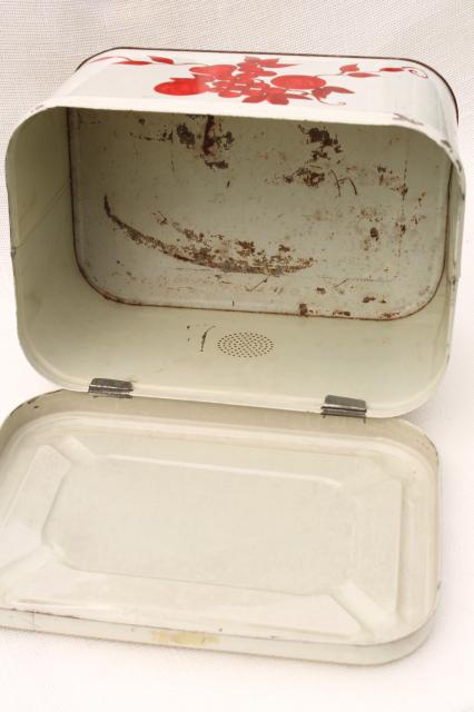 photo of vintage bread tin breadbox, shabby old white paint w/ red stencil painted fruit #9