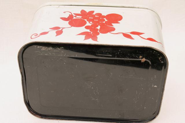 photo of vintage bread tin breadbox, shabby old white paint w/ red stencil painted fruit #10