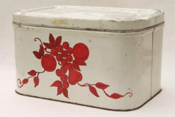 catalog photo of vintage bread tin breadbox, shabby old white paint w/ red stencil painted fruit