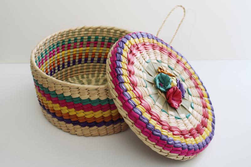 photo of vintage bright colored woven straw sewing basket, round hat box shape #2