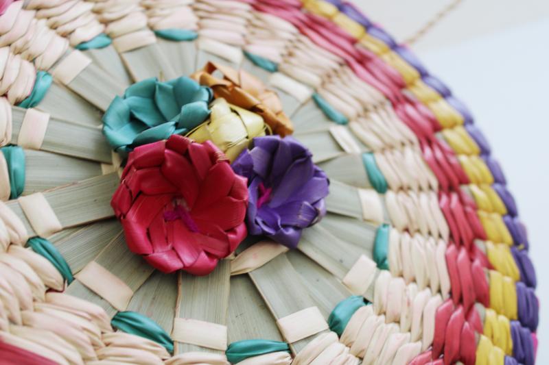 photo of vintage bright colored woven straw sewing basket, round hat box shape #3