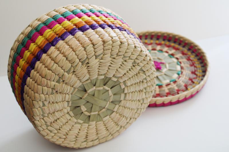 photo of vintage bright colored woven straw sewing basket, round hat box shape #5