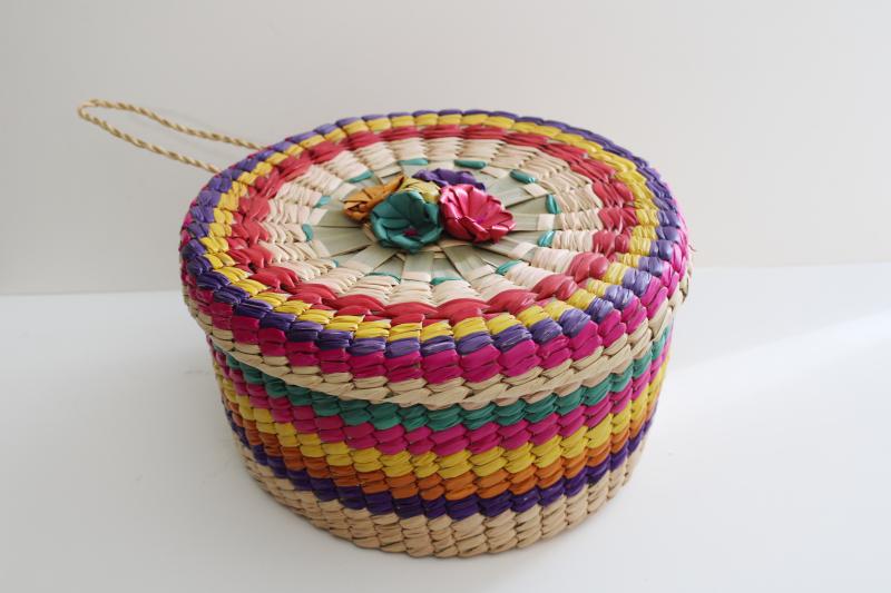 photo of vintage bright colored woven straw sewing basket, round hat box shape #6