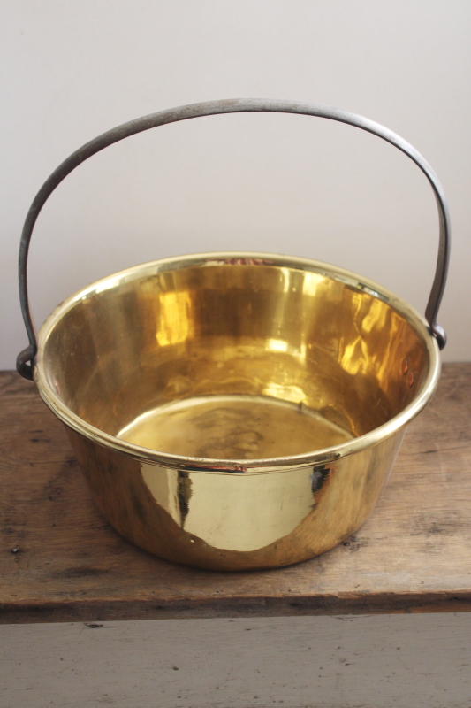 photo of vintage bright polished solid brass kettle, large pot w/ iron handle #1