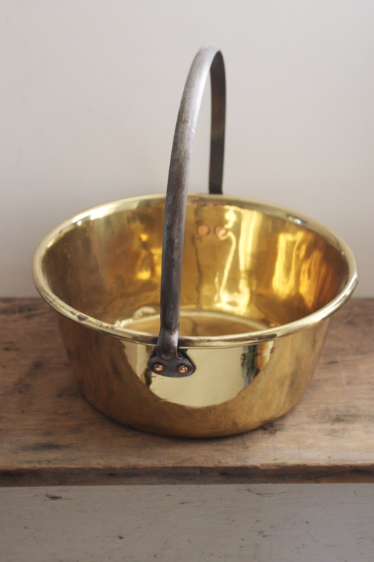 photo of vintage bright polished solid brass kettle, large pot w/ iron handle #3