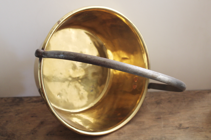 photo of vintage bright polished solid brass kettle, large pot w/ iron handle #7