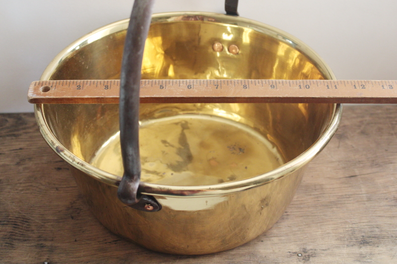 photo of vintage bright polished solid brass kettle, large pot w/ iron handle #8