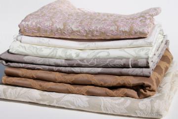 catalog photo of vintage brocade fabric remnants for home decor sewing, white, ivory, latte brown, mocha