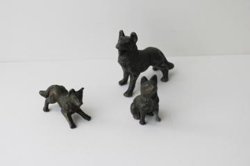 catalog photo of vintage bronze German Shepherds, tiny cast metal miniature figurines, dog w/ puppies 