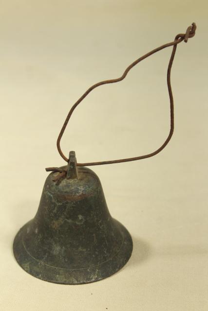 photo of vintage bronze or brass bell w/ iron clapper, old tarnished dark verdigris patina #1